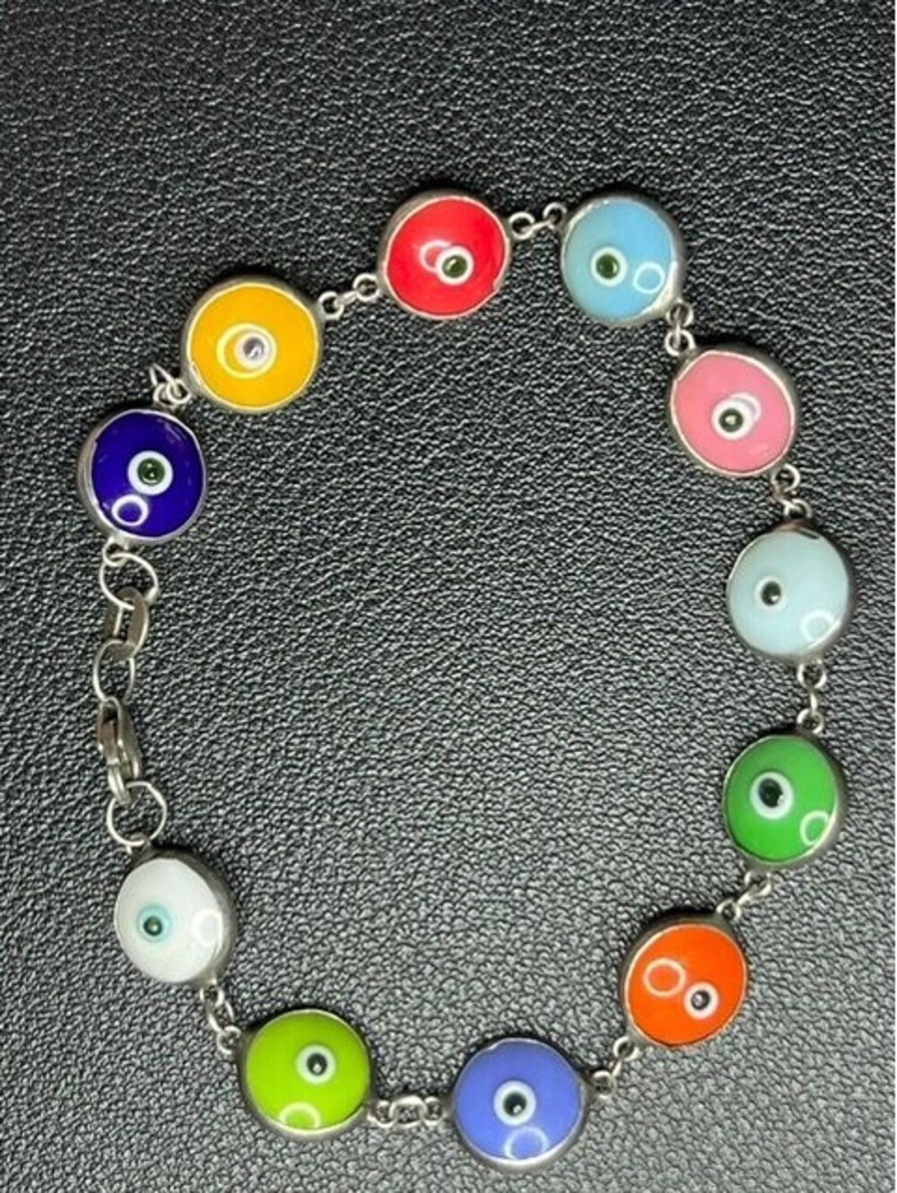 B7367 Sterling Silver Colorful Evil Eye Charm Bracelet art glass Protection 7.5"